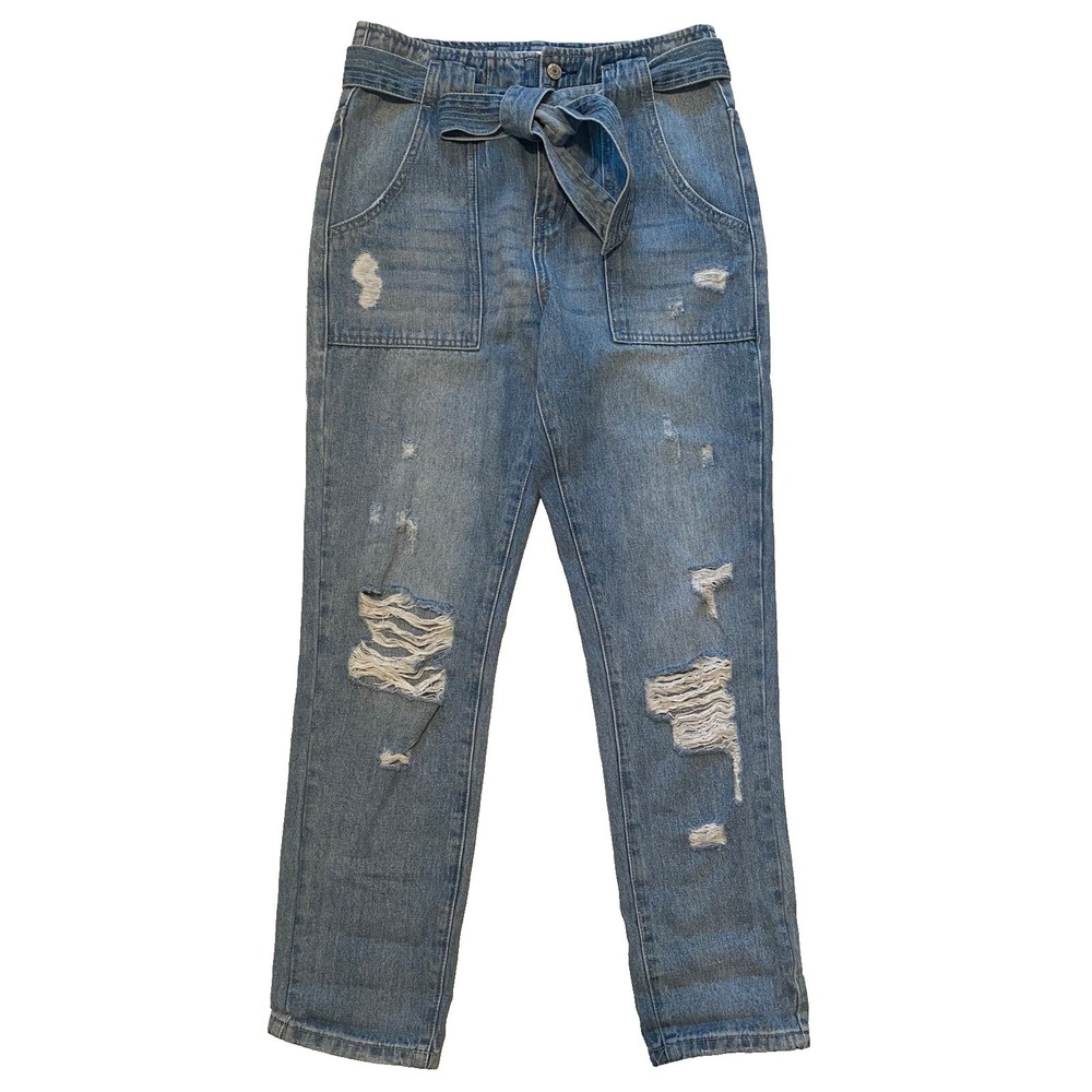 VERVET Los Angeles Womens Jean 25 Belted Mom Distressed Cotton VT 621 Light Blue